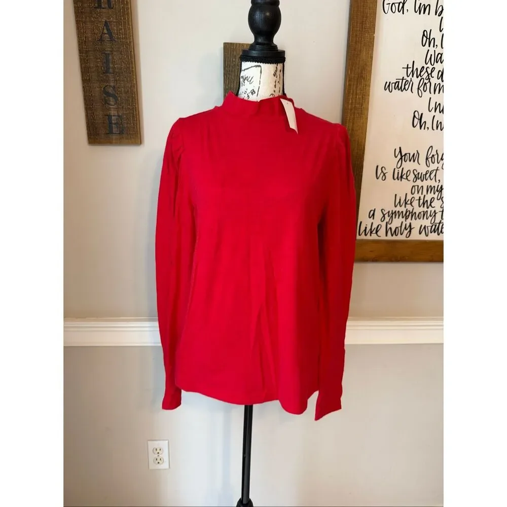 NWT Loft Women's Cotton Mock Neck Long Puff Sleeves Blouse Bright Red Size Large